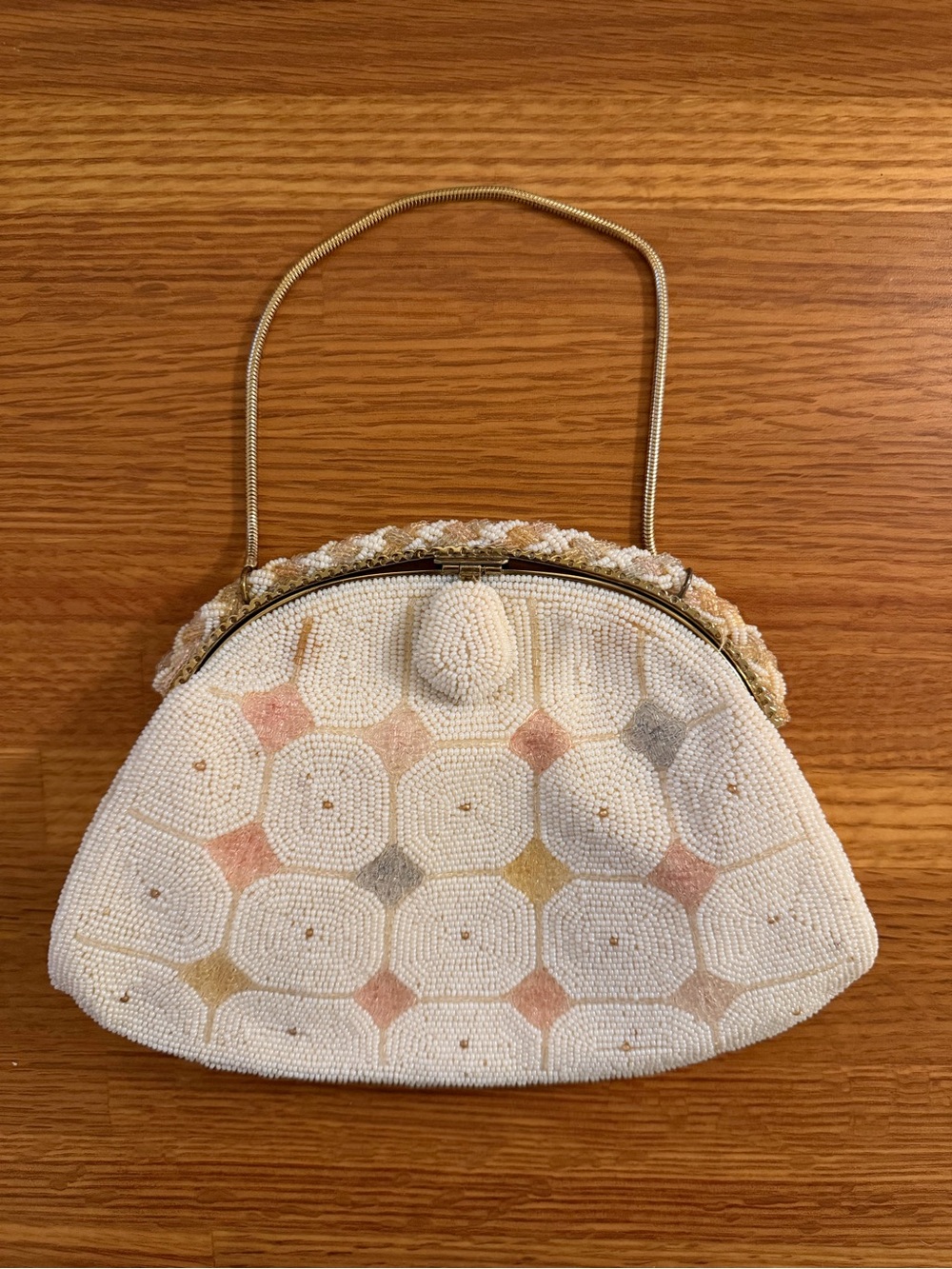 Vintage Beaded White Mosaic evening bag with Gold chain